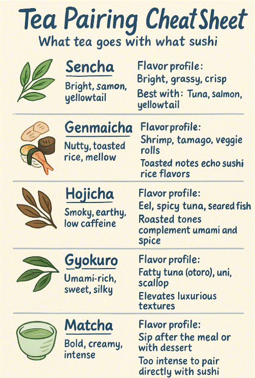 Infographic showing sushi and green tea pairings: sencha with tuna, genmaicha with shrimp, hojicha with spicy rolls, gyokuro with fatty tuna.”