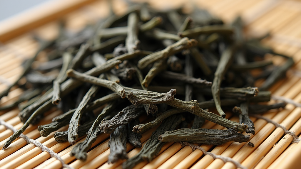 Loose hojicha leaves and roasted tea twigs