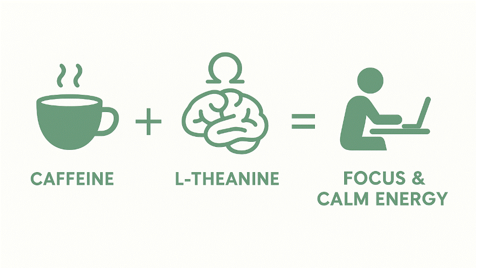 Infographic  showing Caffeine + L-Theanine = Focus & Calm Energy